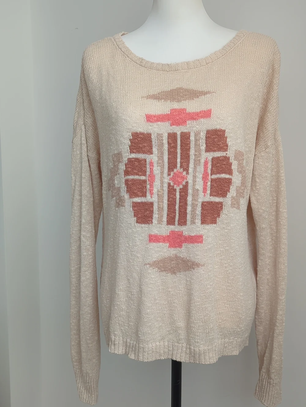 Lucky Brand Southwestern Aztec Intarsia Knit Boho Button-Back Sweater LARGE